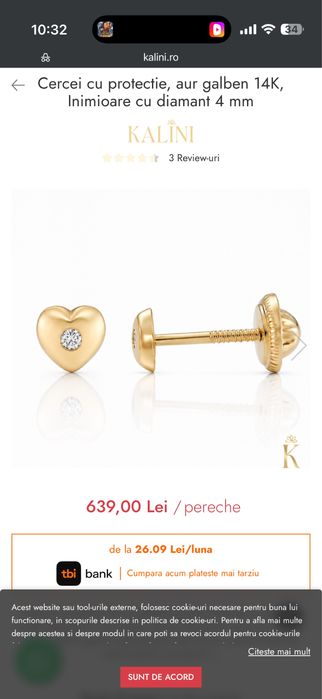 Cercei aur 14k inimioara cu piatra diamant