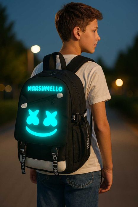 Светеща ученическа раница Marshmello с USB и AUX преходници