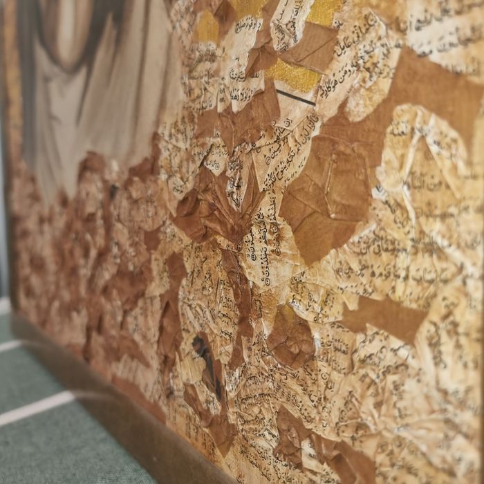 Tablou decorativ mare, tehnică mixtă (colaj + pictură pe pănză), 76×67