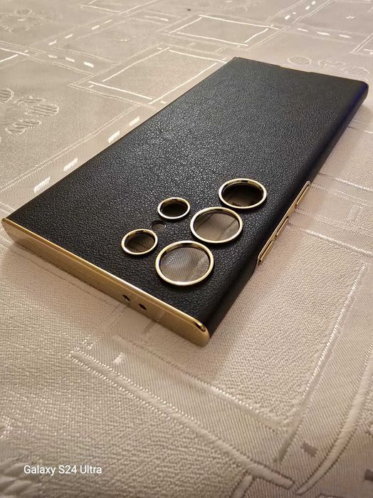 Кожен,Златен, калъф за SAMSUNG S24 ULTRA