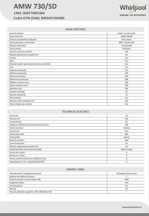 Cuptor cu microunde Whirlpool incorporabil AMW 730/SD