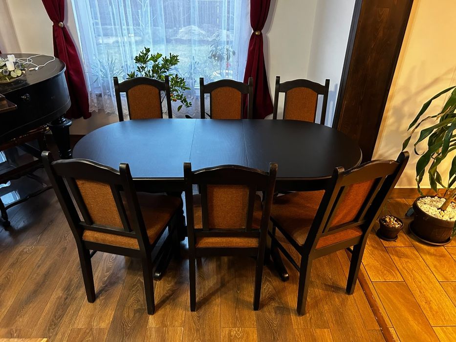 Masă extensibilă din lemn masiv de fag +6 scaune