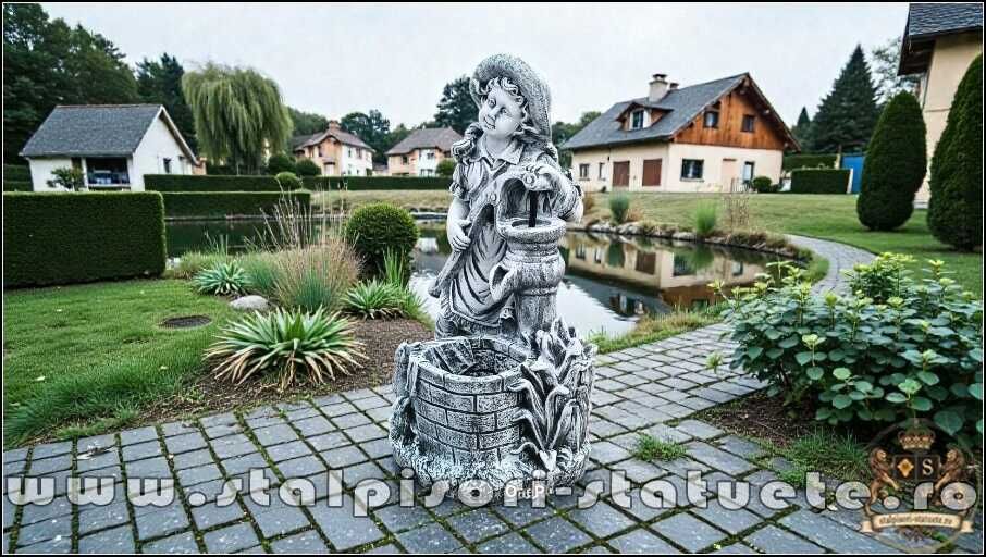 Statuetă țărăncuța la pompă, gri patinat, model S105.