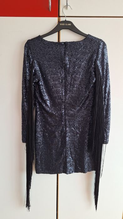 Rochie de seara, bleumarin, paietee si franjuri