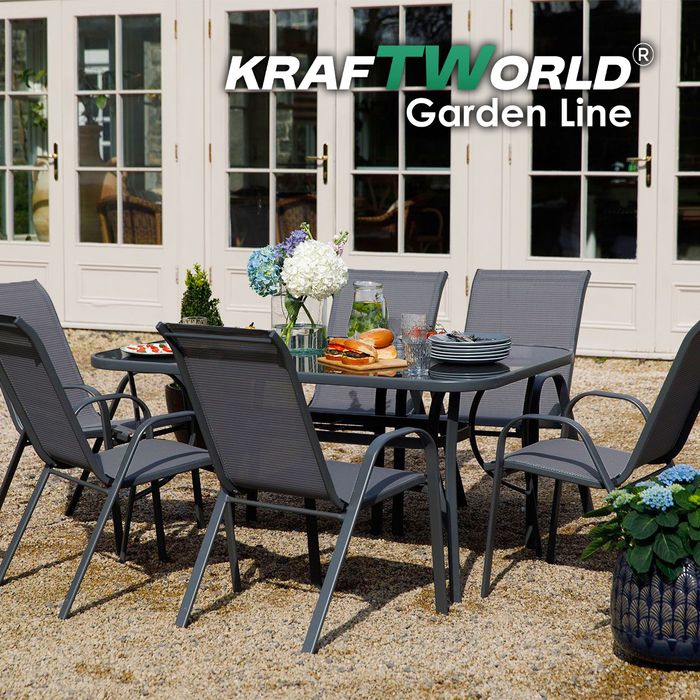 Метален Градински сет Napoli 7 части – Маса с Термо Стъкло и 6 Текстил