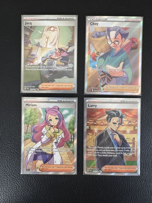 Cards: 4 Full Art Trainer Supporters (Jacq, Choy, Miriam, Larry).
