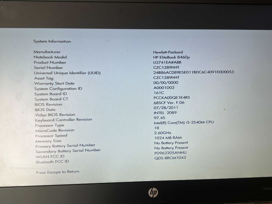 Laptop HP EliteBook 8460p i5-2520M – fără HDD, RAM, baterie