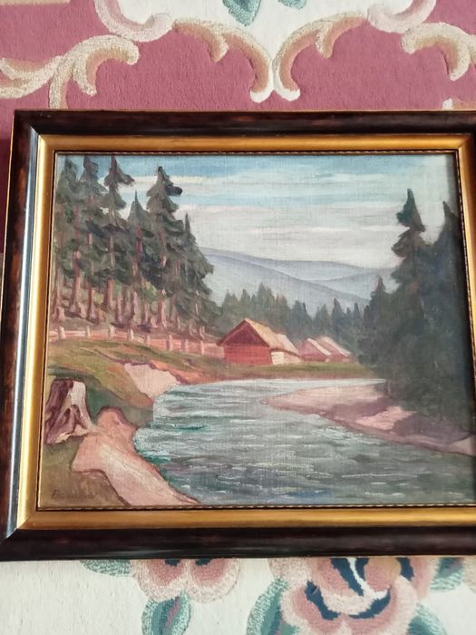 Pictura pe panza lipita pe carton