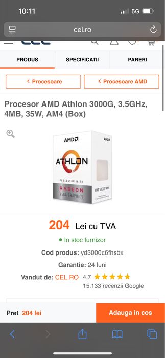 Procesor AMD Athlon 3000G, 3.5GHz, 4MB, 35W cu cooler