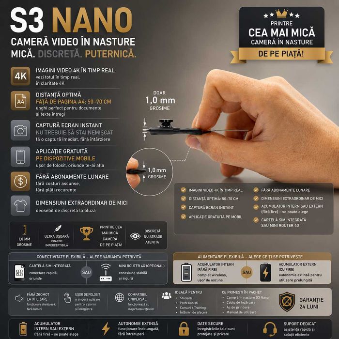 Sisteme de copiat - Casca de copiat iCheat S3 Nano 4K UHD, Camera Miniaturala in Nasture, Ideala pentru Examene si Interviuri