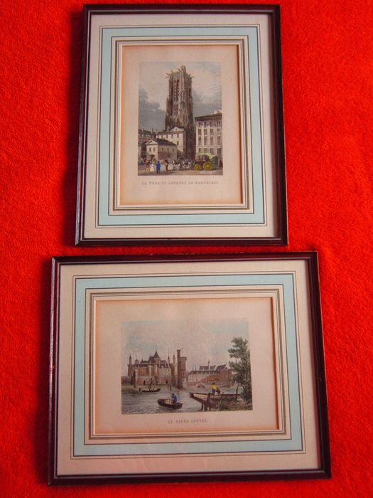 cadou rar Vechiul Paris Luvru si Turnul St.Jacques gravura Franta 1950