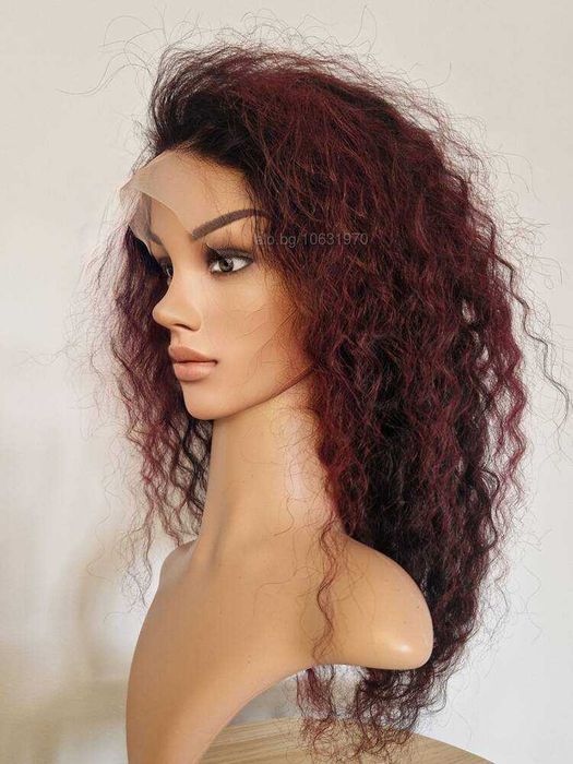 Естествена афро перука черна с тъмно червени кичури с дантела 13х4