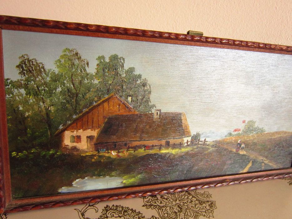 cadou rar tablou mic pictură în ulei scenă rurală Danemarca anii'50
