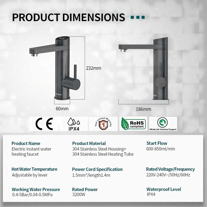 Проточен смесител с нагревател за кухня и баня BM71-Gray