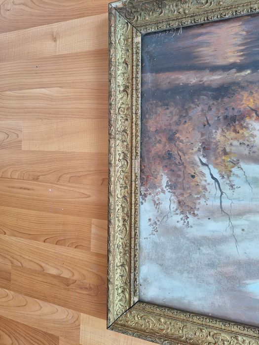 Tablou Vechi de Colectie impresionant „Pescar montan toamna ” – pictor V. Casacu (66.5 x 48 cm), ulei pe panza, rama stuc baroc aurita.