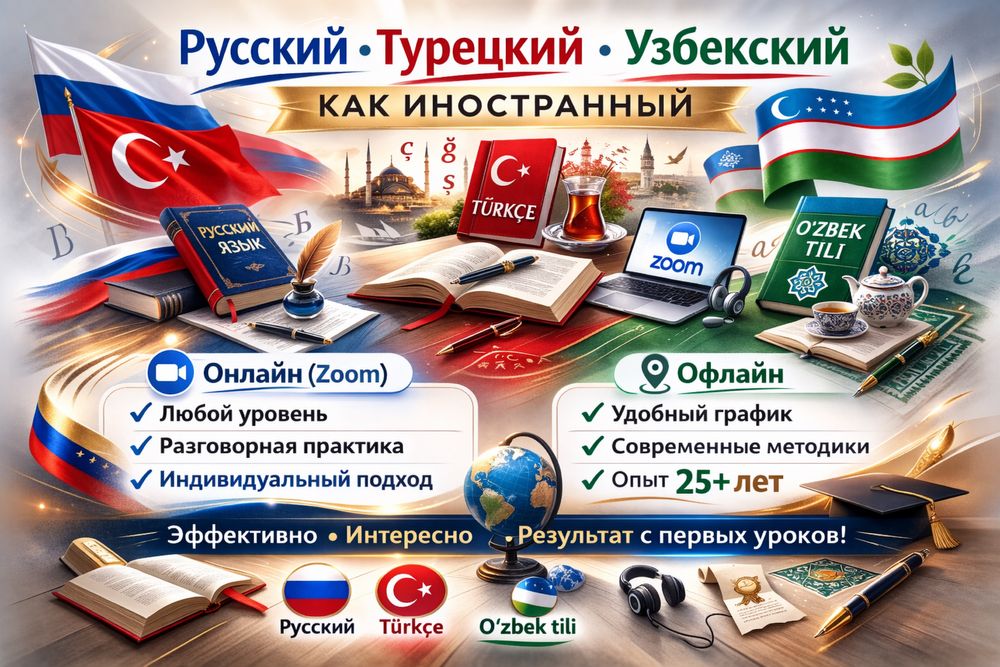 Русский , турецкий, узбекский языки для иностранцев.