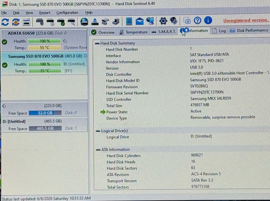 SSD 2.5" Samsung 870 EVO 500GB - 100% Health