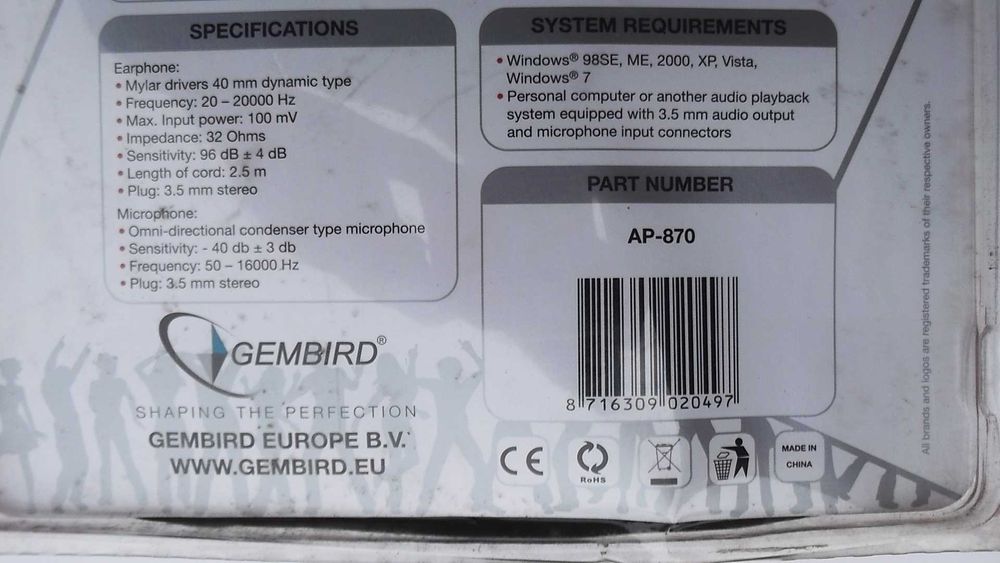 Casti cu fir stereo GEMBIRD cu microfon, nou, sigilat