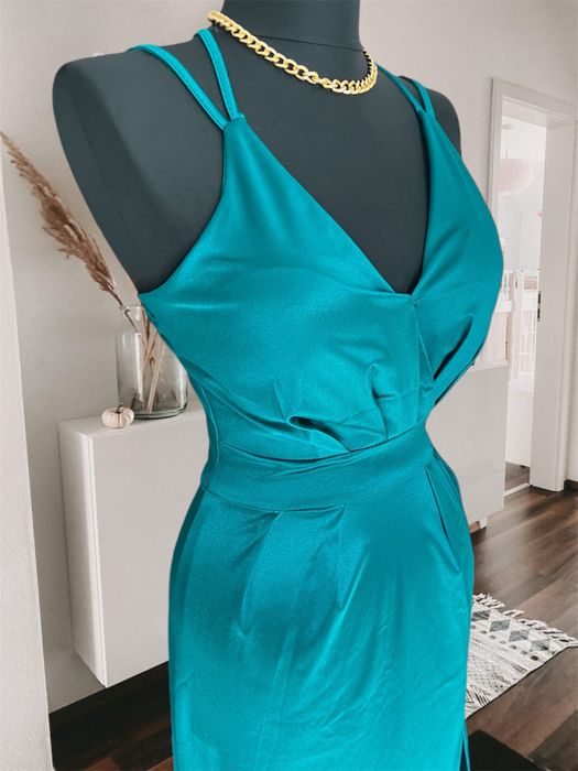 Rochie lunga de ocazie turcoaz satinat S