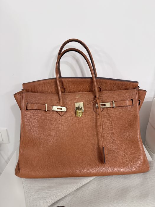 Geantă piele naturală maro caramel, model Birkin, dimensiune mare