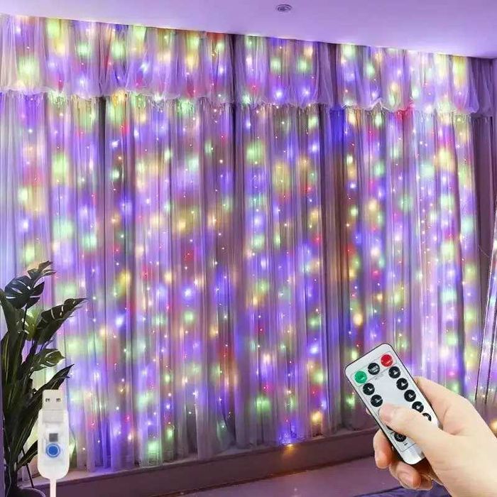 Instalatie 10 oua Paste cu 10 leduri 120cm. Perdea lumini cu telecomanda 300 leduri albe sau galbene aurii cortina 3M x 3M USB, cu 8 moduri iluminare