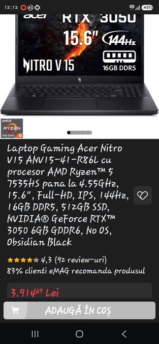 Laptop Gaming Acer Nitro V15 in garantie,SSD 1 TERA, 16 GDDR5 VIDEO 3050 6 G