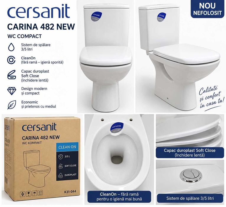 WC compact Cersanit Carina 482 New CleanOn + capac Soft Close – NOU