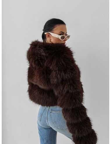 Дамско късо  пухено палто  в кафяво и черно