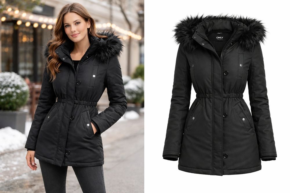 Дамско зимно яке ONLY – ново, с пухена качулка, черно, S/M