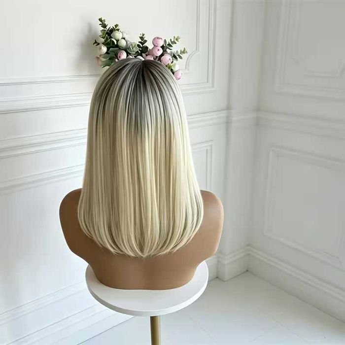 Руса права омбре перука с черни корени - 40 см, лейс фронт 13×4 Lace Front