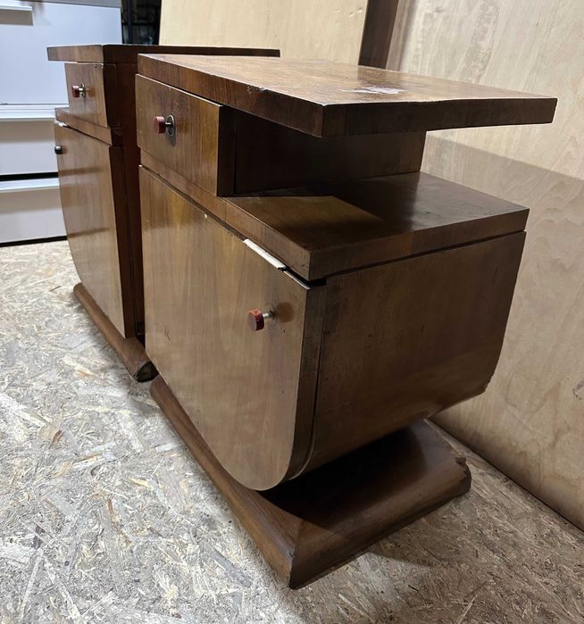 2 buc Noptiera Vintage Stil ArtDeco; Noptiera din Lemn cu usa si sertar
