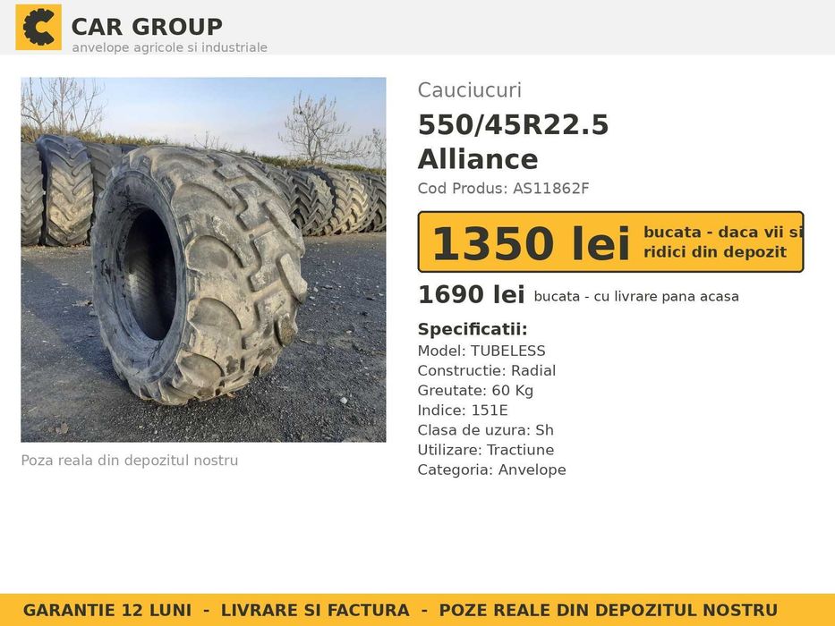 Cauciucuri Anvelope 550/45R22.5 550/45 R22.5 550/45-22.5 560/45R22.5 55045225 Alliance Remorca Implement Flotatie SH Second Hand IEFTIN Oferta Livrare