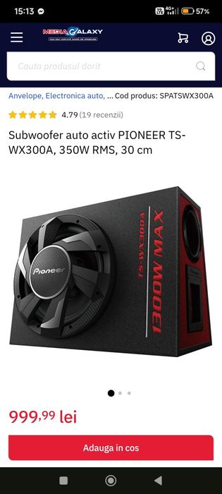 Subwoofer auto activ Pioneer 12 inch 1300w 350 rms fire incluse ca nou amplificator audio bass masina