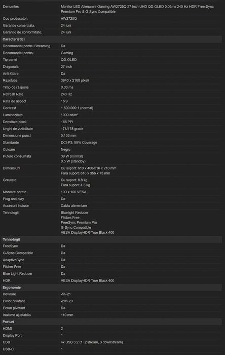 Monitor Gaming Alienware 4K OLED 240Hz 0.03ms AW2725Q 27"