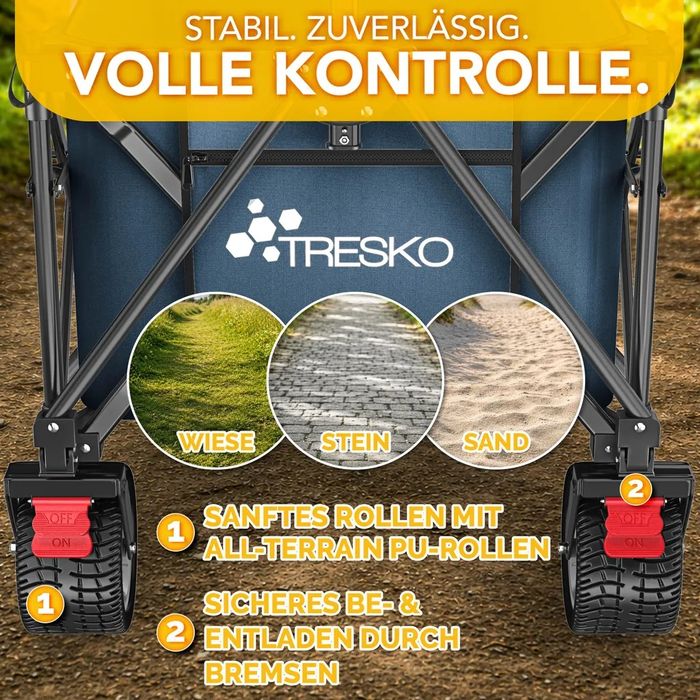 Сгъваема количка TRESKO® 215 л със спирачка,широки гуми и товароносимост до  150 кг