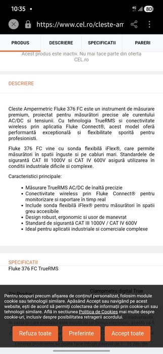 Cleste Ampermetric Fluke 376 FC TrueRMS AC/DC Wireless Compatibil iFle