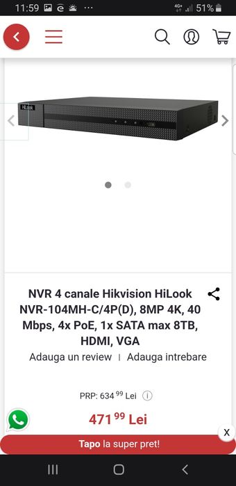 Sistem supraveghere video Hikvision IP cu POE,sigilat, cu 4 camere video de6
