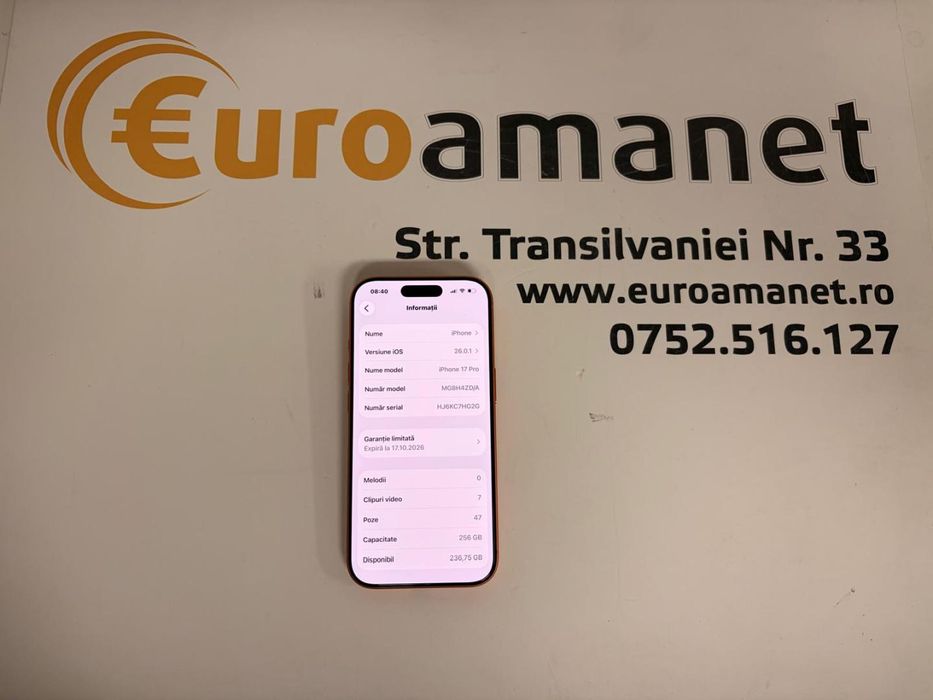 Telefon Apple iPhone 17 Pro, 256GB, 5G, Cosmic Orange bat.100% -T-