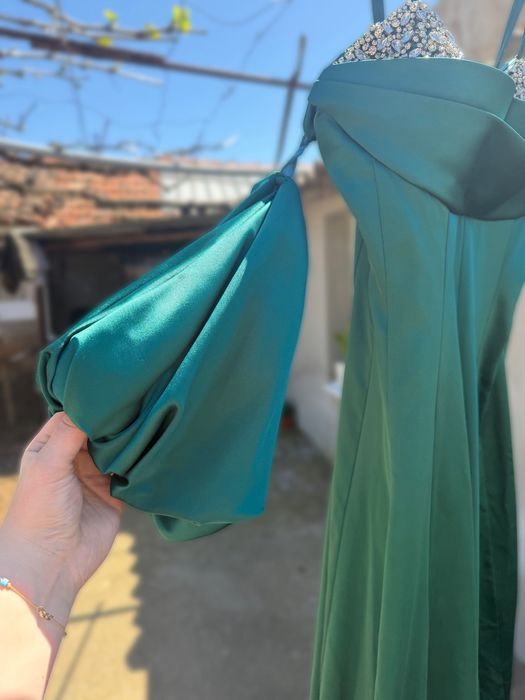 Луксозна официална рокля – тъмнозелена с камъни, размер 42 (нова)