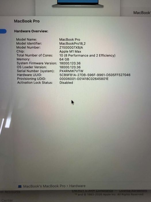 Macbook Pro 16 M1 max 64GB ram 1TB SSD