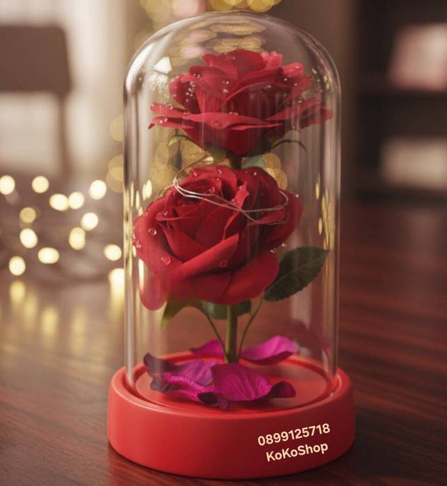 Червени рози в стъкленица с LED светлини/ вечни рози/ рози в купол/