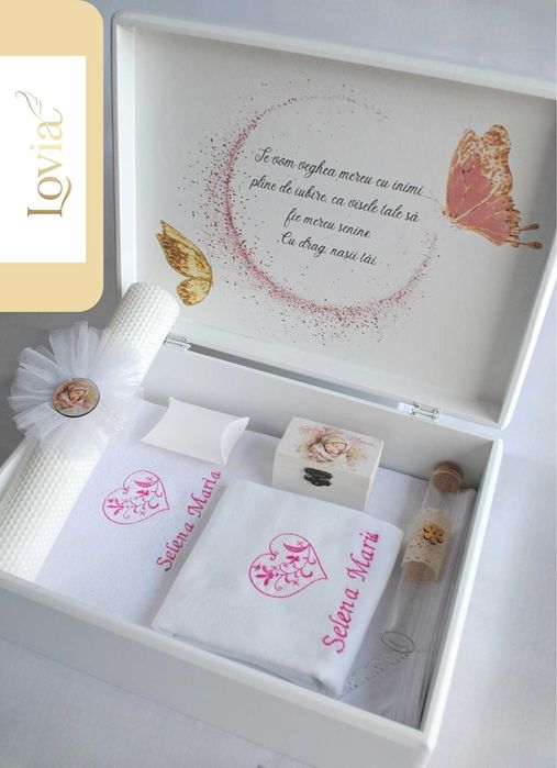 Trusou botez fetiță personalizat - complet cu cutie din lemn | Lovia