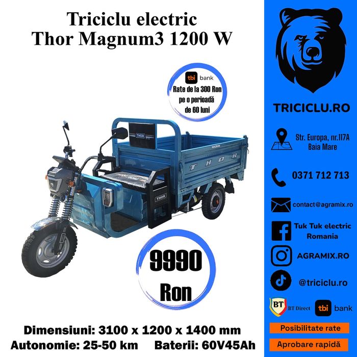 Triciclu electric Thor Magnum 2 basculare hidraulica nou Agramix