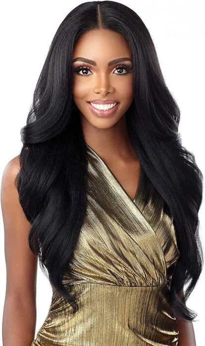 Kinky чуплива синтетична черна перука 75 см