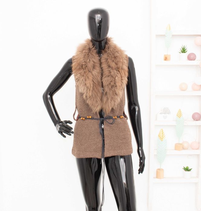 ALPACA SOCIETY дамска елек кафяв от алпака яка от естествен косъм XS/S