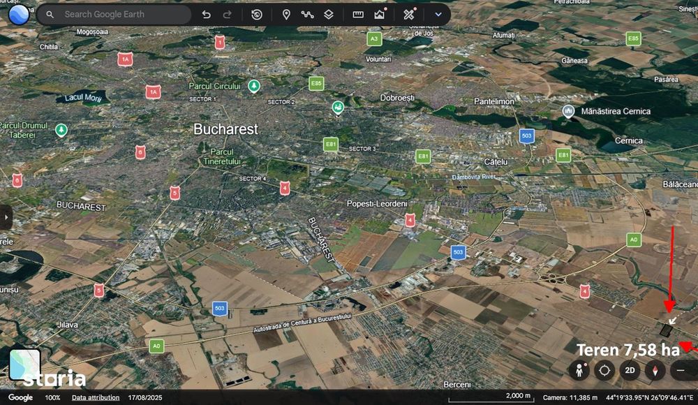 Teren Popești-Leordeni 75.800 m², deschidere 170m DN4, lângă nod A0