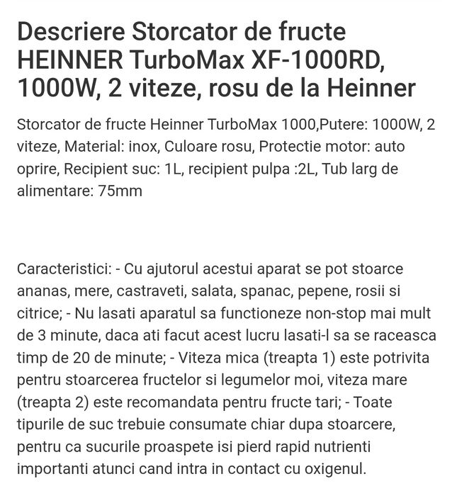 Storcator de fructe HEINNER TurboMax XF-1000RD, 1000W, 2 viteze, rosu