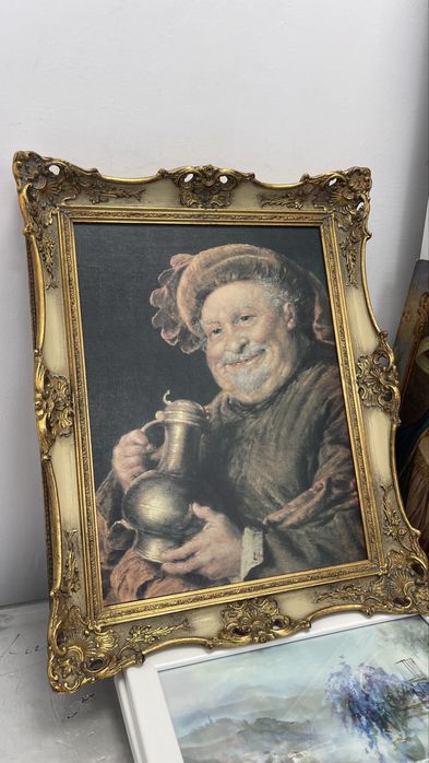 Tablou vintage pictat manual pe pânză, ramă aurie sculptată