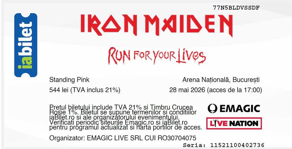 Bilet concert Iron Maiden, gazon A/standing pink, Arena Nationala, 28.05.2026