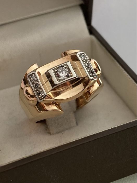 Inel antic Tank aur roz cu diamante